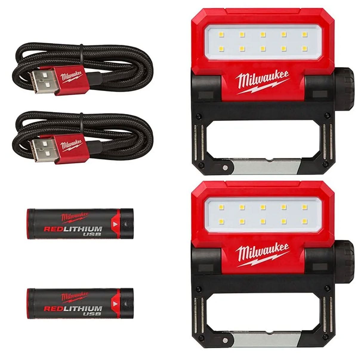 milwaukee flashlight 14-45-1825 Milwaukee 550 Lumens LED REDLITHIUM USB Pivoting Flood Light (2-Pack) with USB Charger and Power Source Kit
