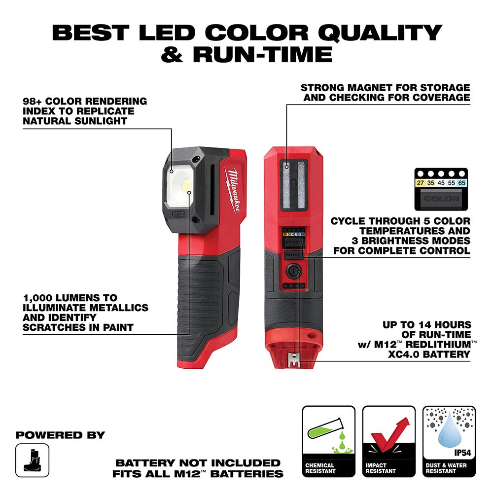 Milwaukee 2127-20 M12 1000-Lumen Paint and Detailing Color Match Light, Bare Tool