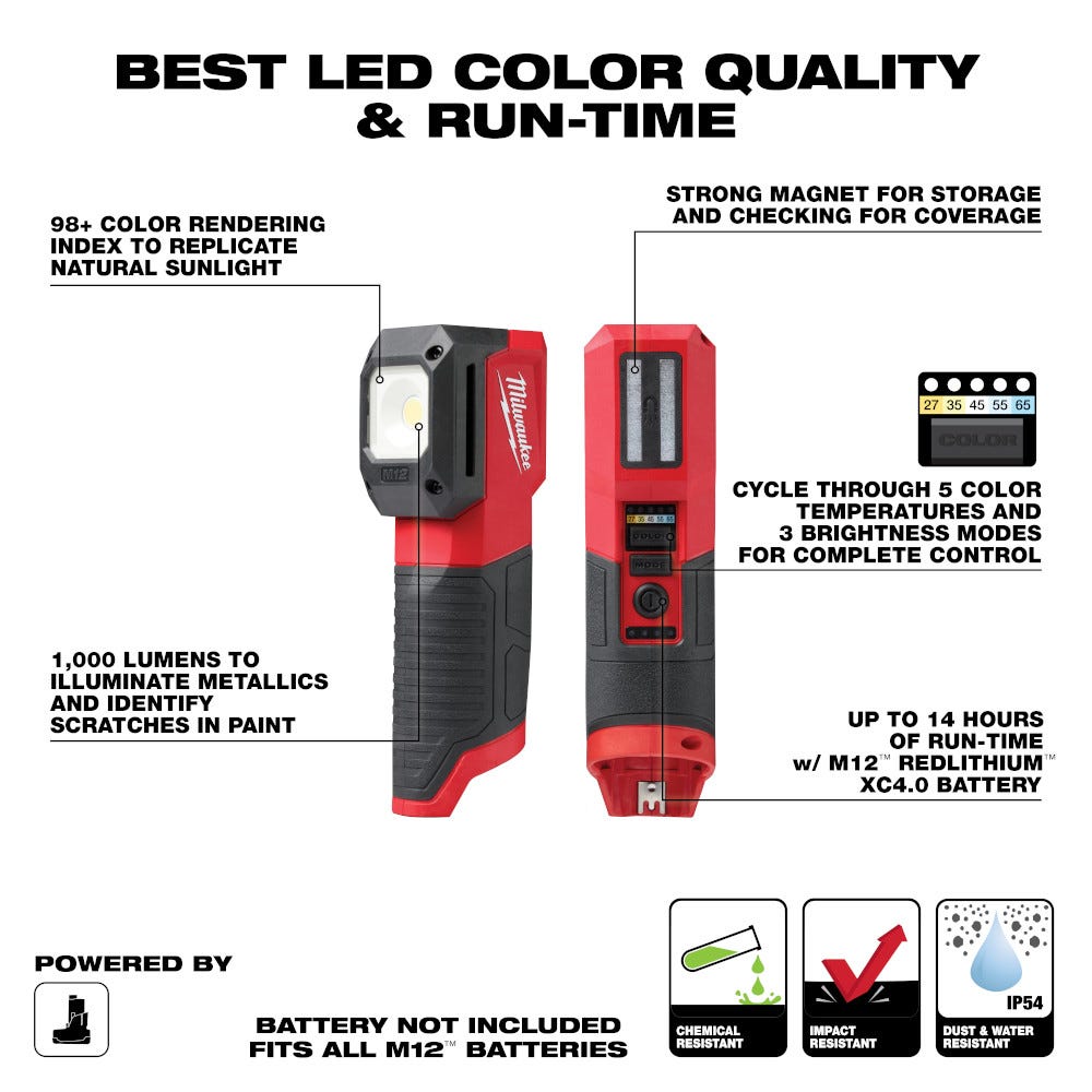 Milwaukee 2127-20 M12 1000-Lumen Paint and Detailing Color Match Light, Bare Tool