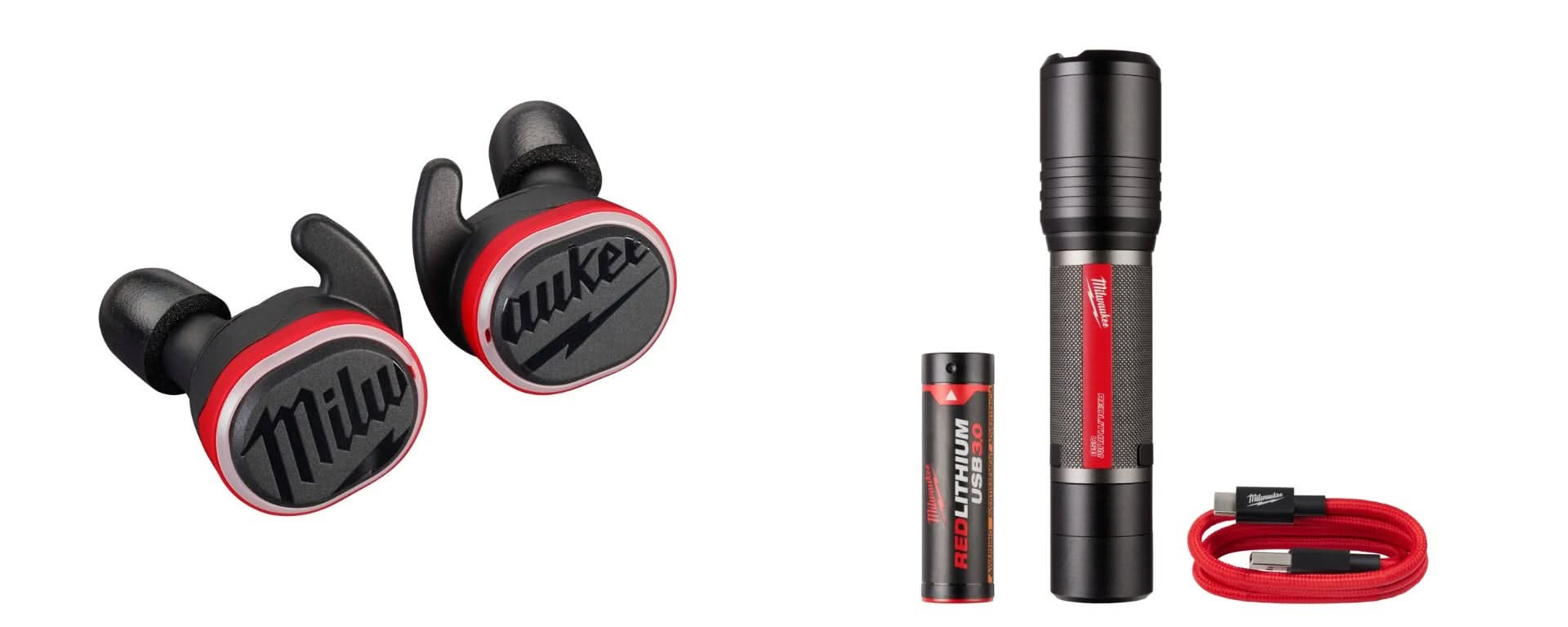 milwaukee 2000l flashlight Milwaukee REDLITHIUM USB Bluetooth Jobsite Ear Buds with USB 2,000L Slide Focus Flashlight
