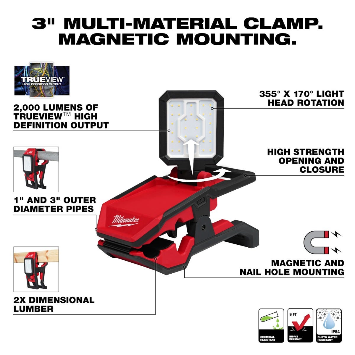 Milwaukee 2358-20 M18 ROVER 2000-Lumen Clamping Flood Light, Tool Only