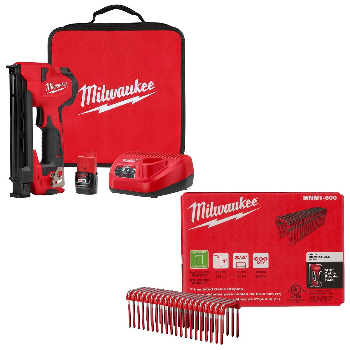 Milwaukee M12 Cable Stapler (2448-20) Bare Tool - With 1800 Staples