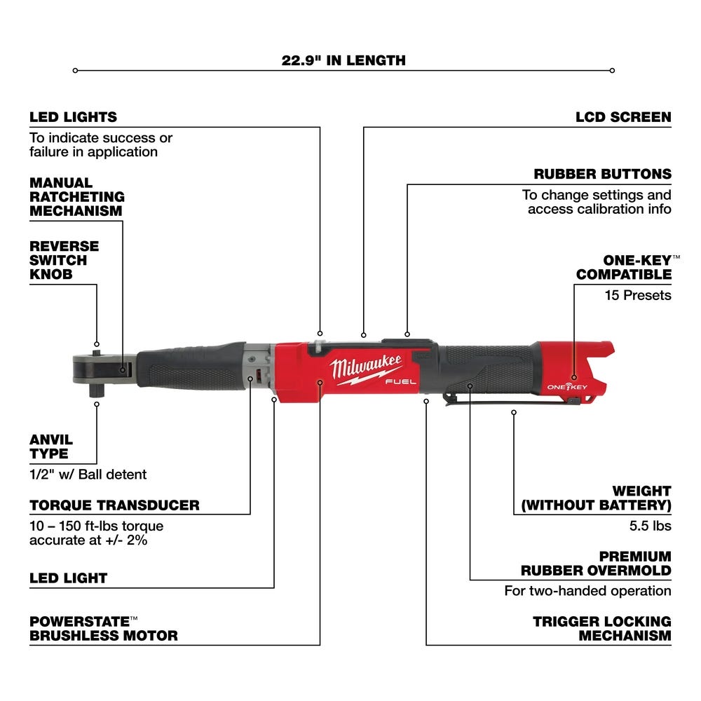Milwaukee 2466-20 M12 FUEL Brushless One-Key 1/2" Digital Torque Wrench, Tool Only