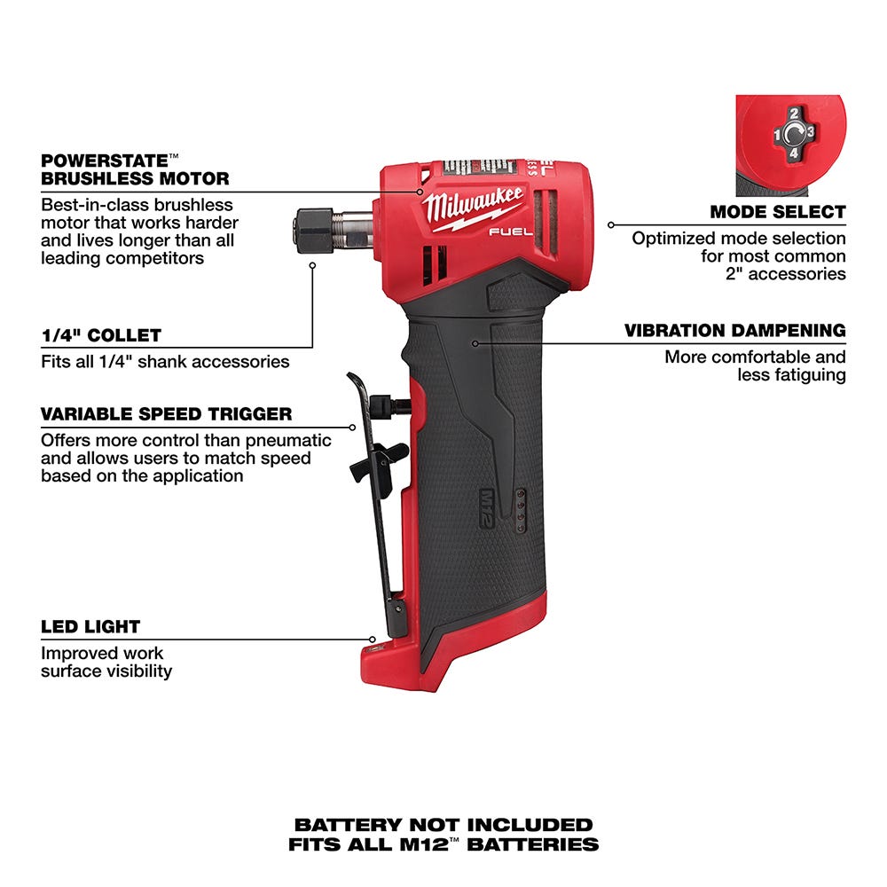 Milwaukee 2485-20 M12 FUEL Brushless Right Angle Die Grinder, Tool Only
