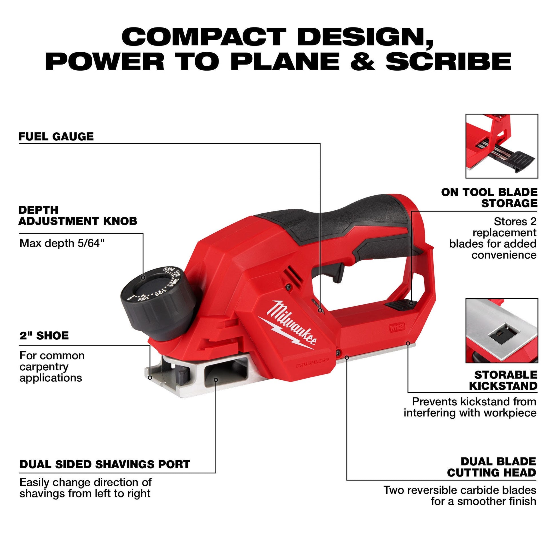 Milwaukee 2524-20 M12 Brushless 2-inch Planer, Tool Only