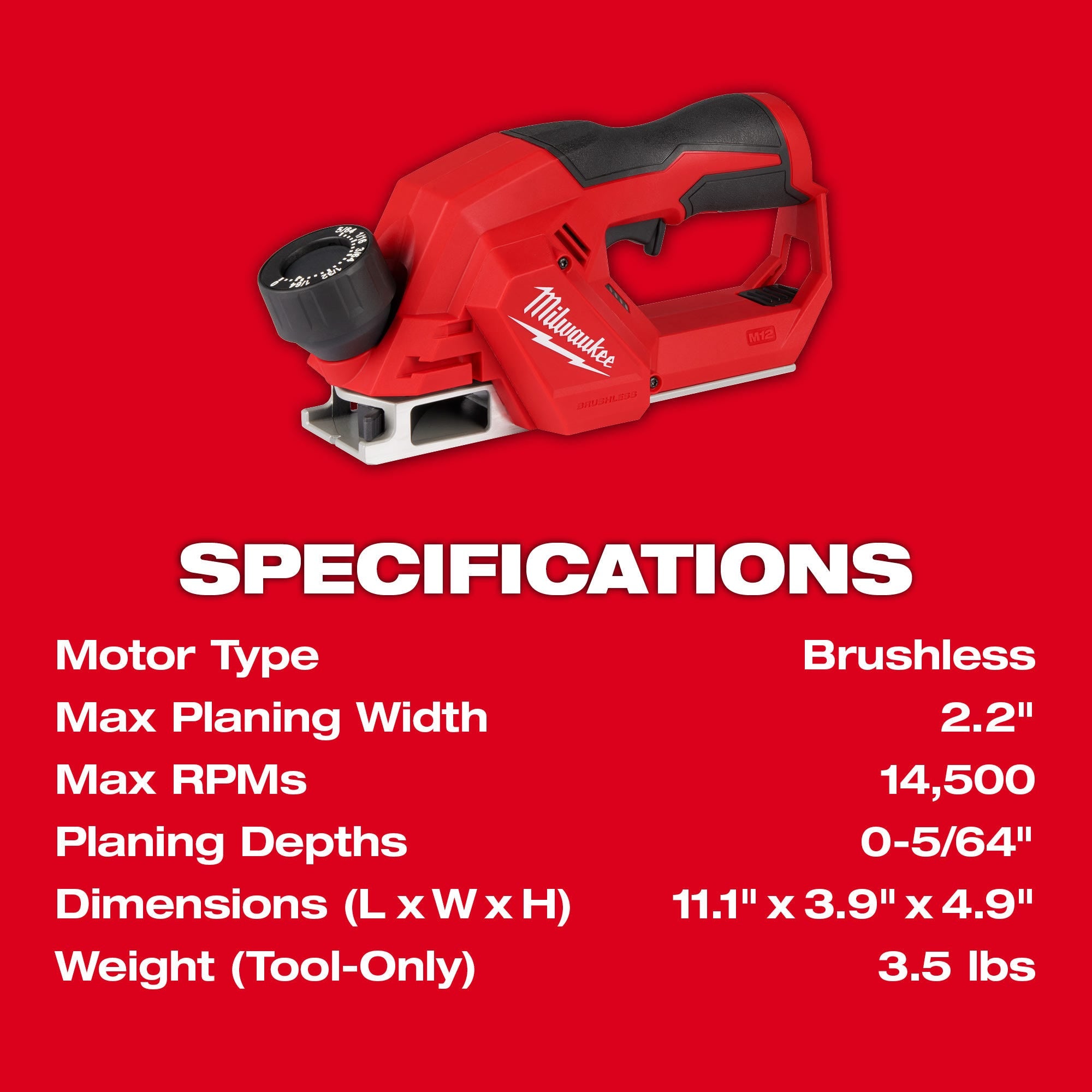Milwaukee 2524-20 M12 Brushless 2-inch Planer, Tool Only