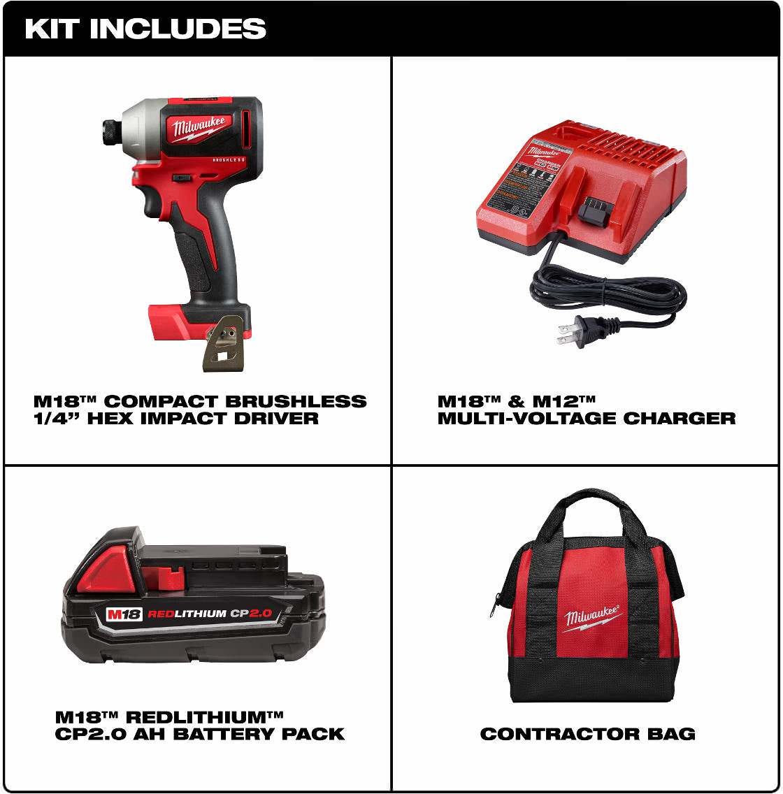 Milwaukee 2850-21P M18 Compact Brushless 1/4" Hex Impact Driver 2.0Ah Kit
