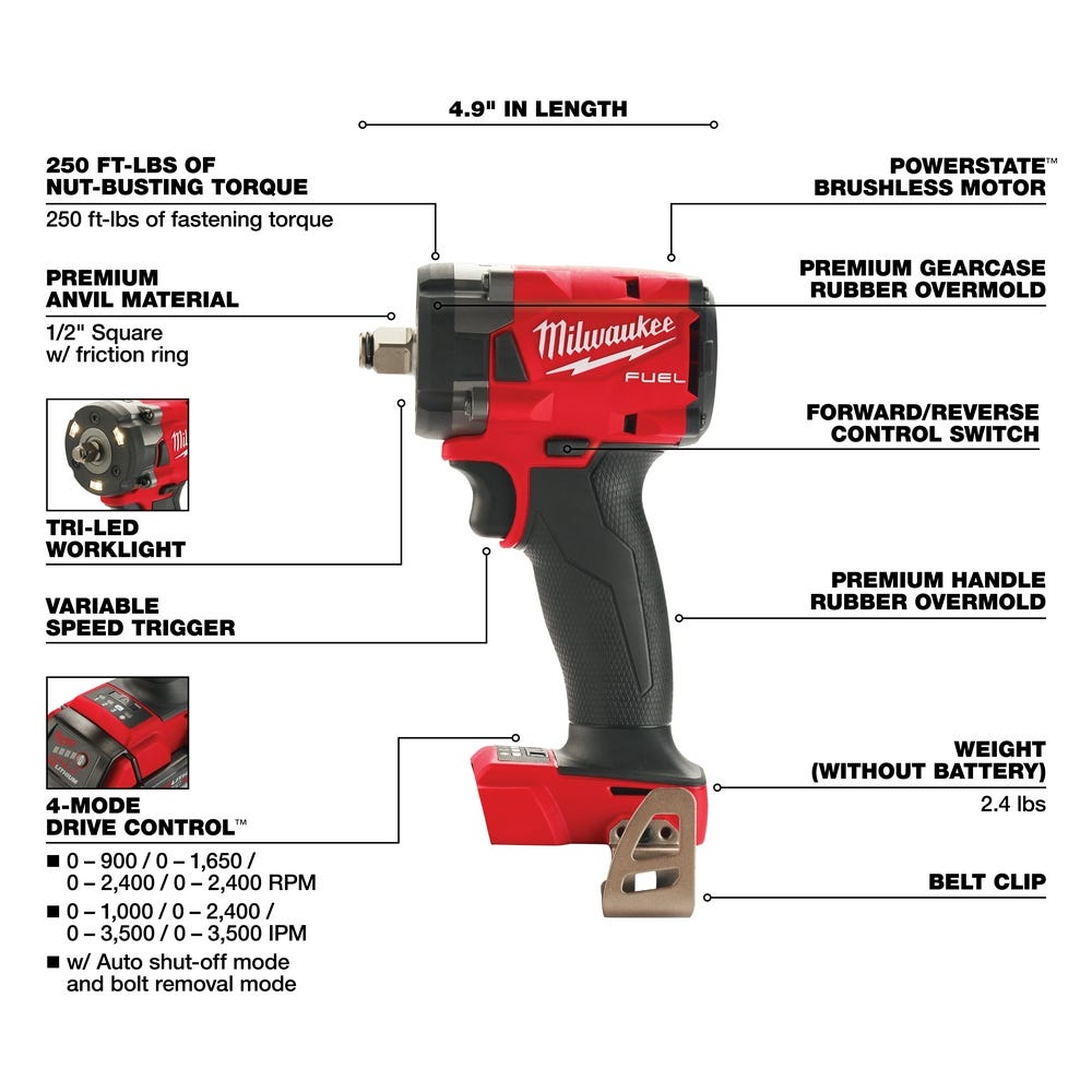 Milwaukee 2855-20 M18 FUEL 1/2-Inch Compact Impact Wrench with Friction Ring, Tool Only