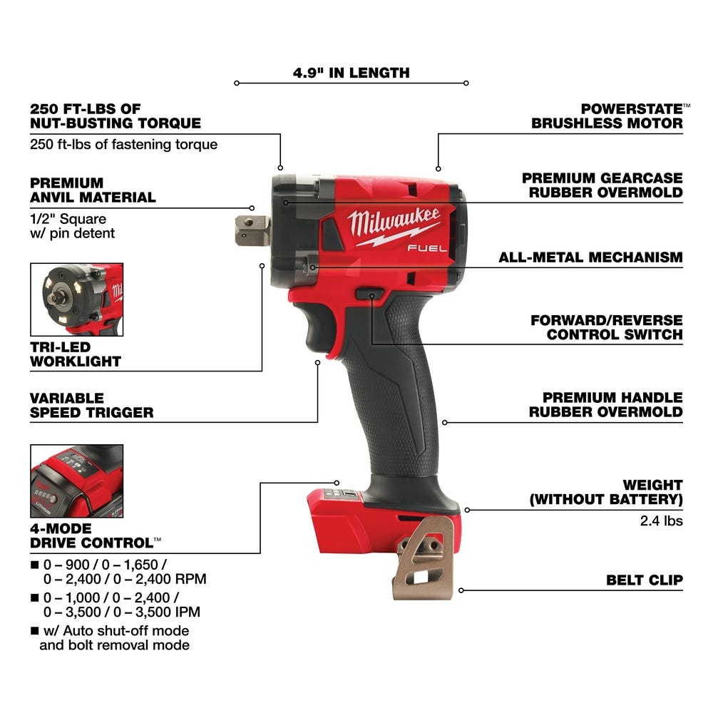 Milwaukee 2855P-20 M18 FUEL 1/2-Inch Compact Impact Wrench with Pin Detent, Tool Only