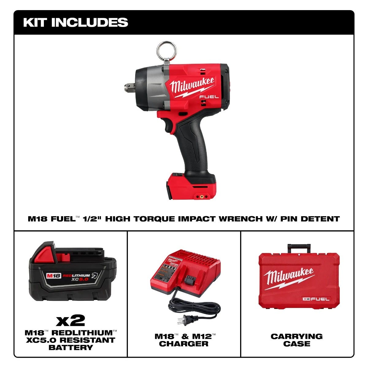 Milwaukee 2966-22 M18 FUEL 1/2" High Torque Impact Wrench w/ Pin Detent 5.0Ah Kit
