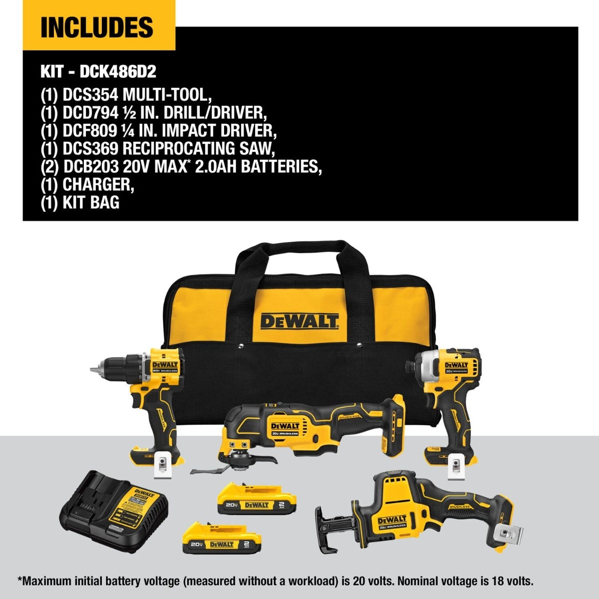 DeWALT DCK486D2 ATOMIC 20V MAX Brushless 4-Tool Combo Kit with (2) 2.0Ah Batteries