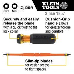 Klein Tools 32287 Flip-Blade Insulated Screwdriver, 2-in-1, Square Bit #1 and #2