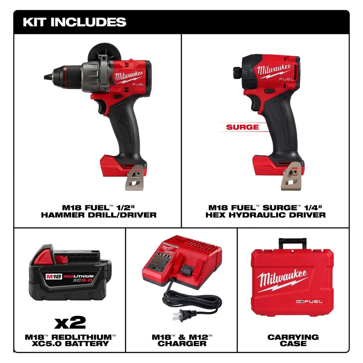 Milwaukee 3799-22 M18 FUEL Hammer Drill + Hydraulic Impact Driver 2-Tool Combo 5.0Ah Kit