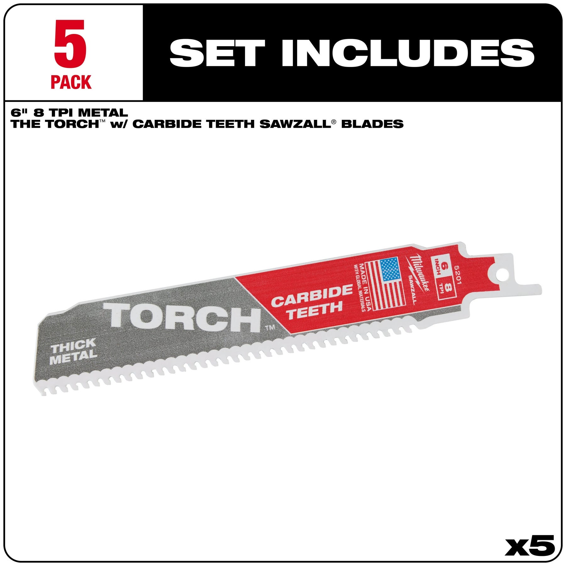 Milwaukee 48-00-5501 TORCH with Carbide Teeth Recip Saw Blade 7-TPI 6" 5-Pack