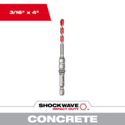 Milwaukee 48-20-9094 3/16" x 2" x 4" SHOCKWAVE Impact Duty Carbide Hammer Drill Bit for Concrete Screws