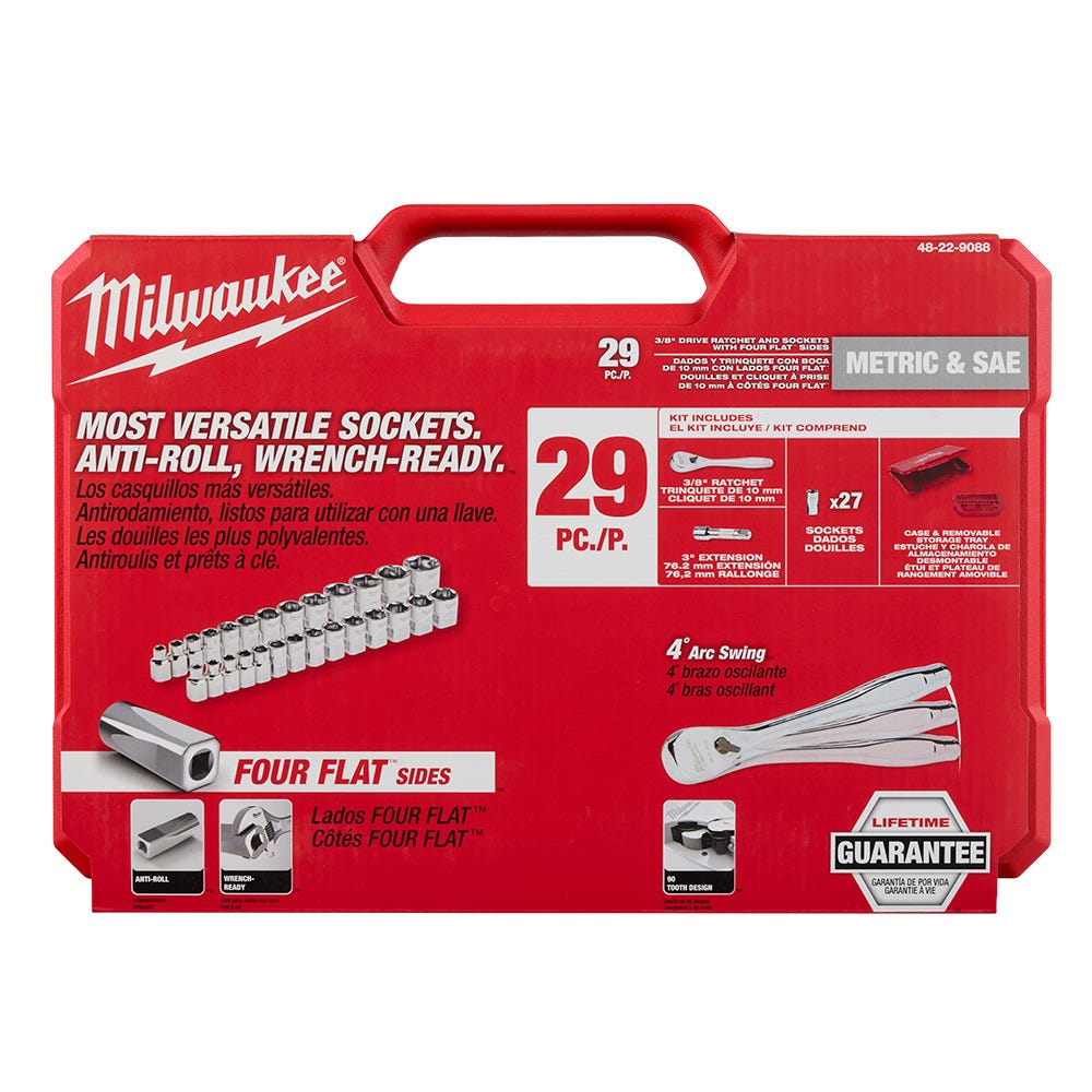 Milwaukee 48-22-9088 29pc 3/8" Drive Metric & SAE Ratchet and Socket Set with Four Flat Sides