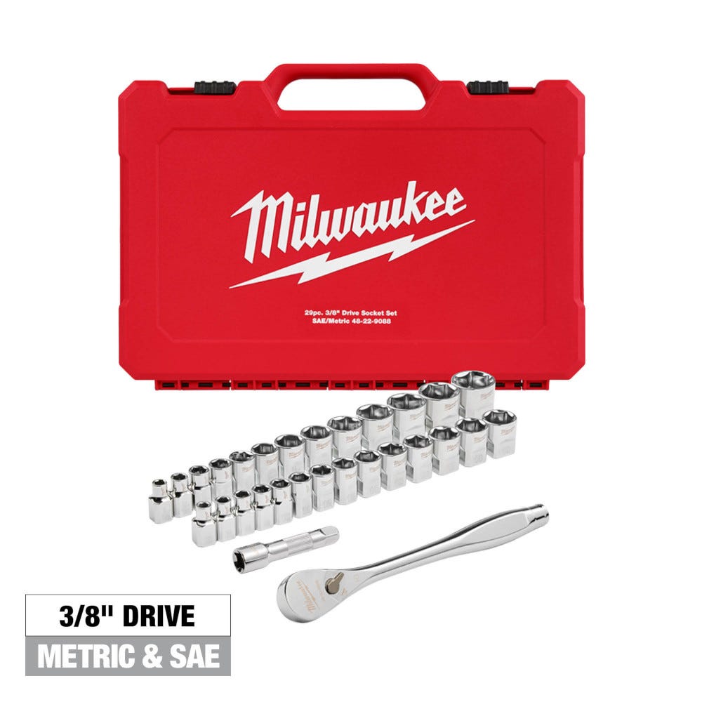 Milwaukee 48-22-9088 29pc 3/8" Drive Metric & SAE Ratchet and Socket Set with Four Flat Sides