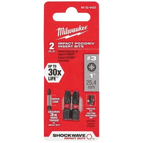 ♡ Milwaukee 48-32-4433 Shockwave 1-Inch Impact Pozidriv #3Insert
