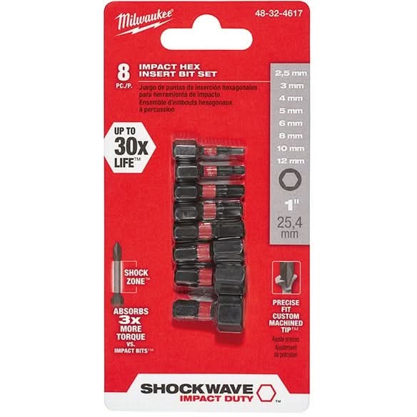 Milwaukee 48-32-4617 Shockwave 1-Inch Metric Hex Impact Bit Set, 8