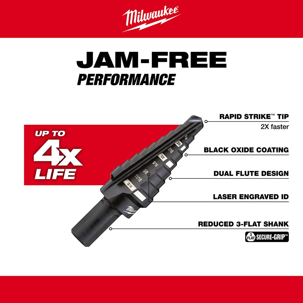Milwaukee 48-89-9203 #3 Step Drill Bit, 1/4" - 3/4" by 1/16"