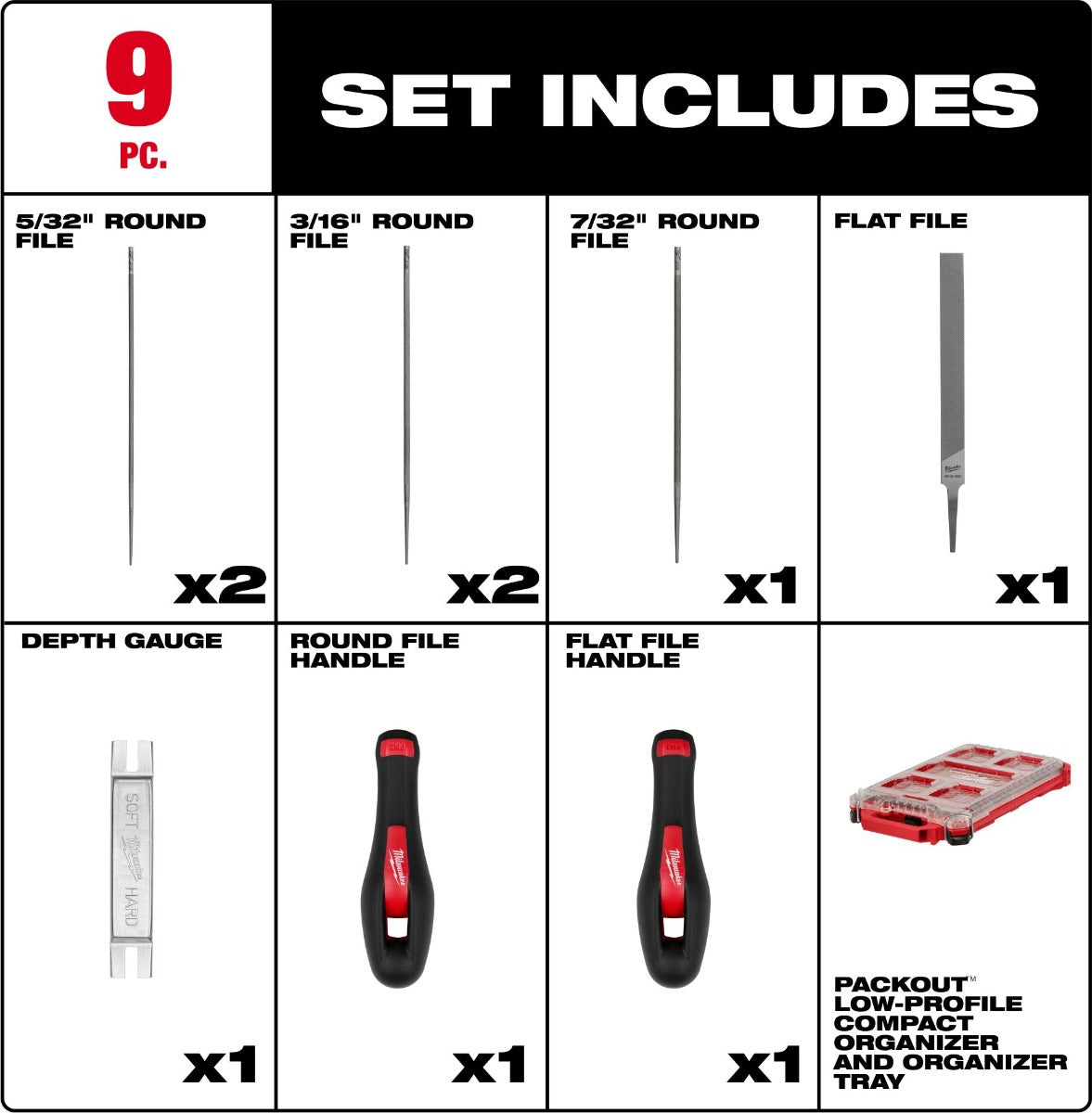 Milwaukee 49-16-2880 9pc Saw Chain Sharpening Set with PACKOUT™ Low-Profile Compact Organizer