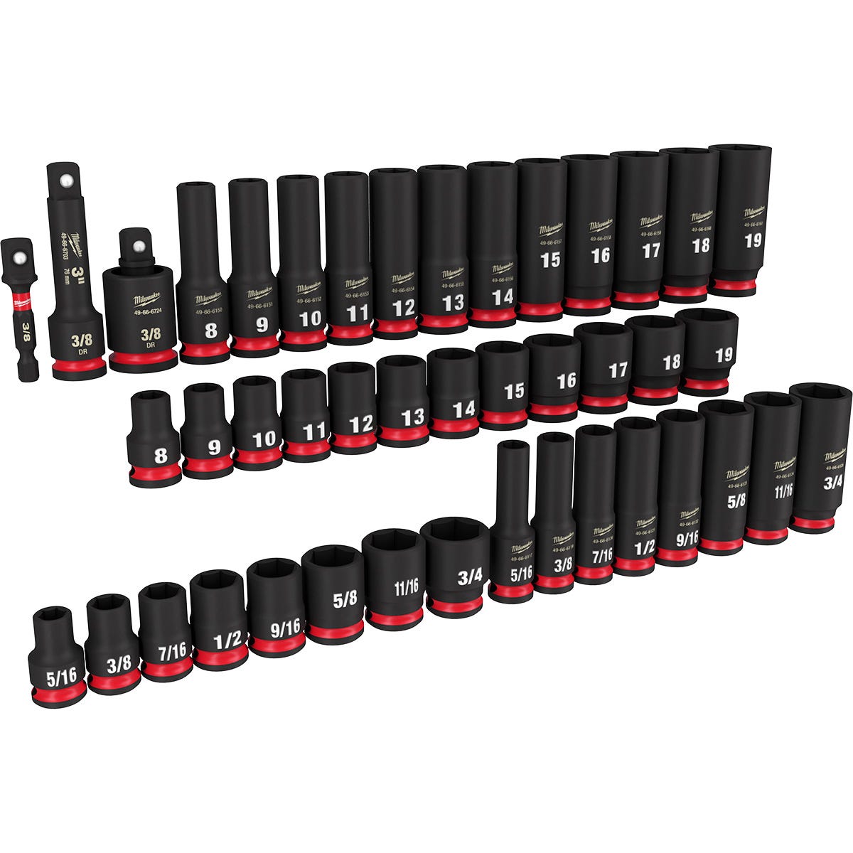 Milwaukee 49-66-7009 43-Piece SHOCKWAVE 3/8-Inch Drive SAE & Metric Deep 6-Point Impact Duty Socket Set