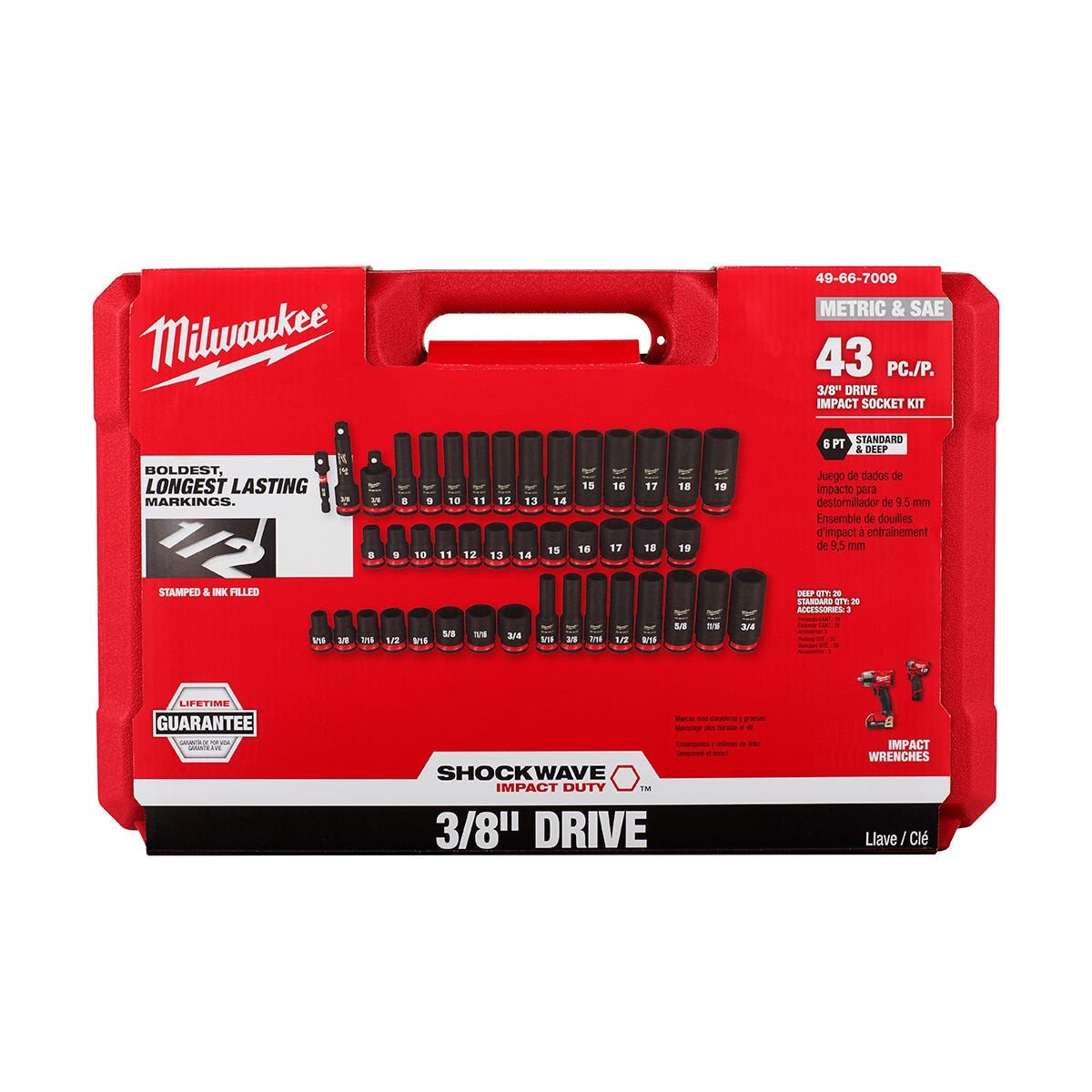 Milwaukee 49-66-7009 43-Piece SHOCKWAVE 3/8-Inch Drive SAE & Metric Deep 6-Point Impact Duty Socket Set