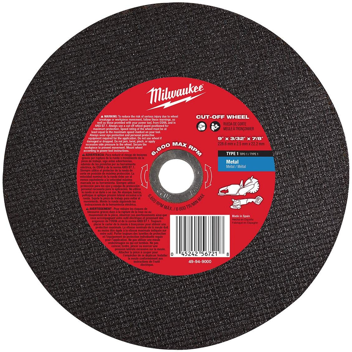 Milwaukee 49-94-9000 Metal 9" X 3/32" X 7/8" Cut-Off Wheel