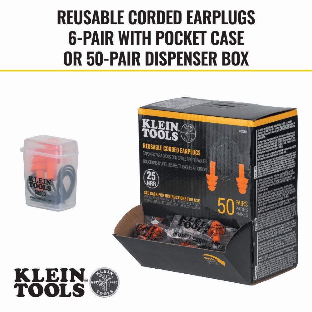 Klein Tools 6050350 Corded Earplugs, 50-Pair Dispenser Pack