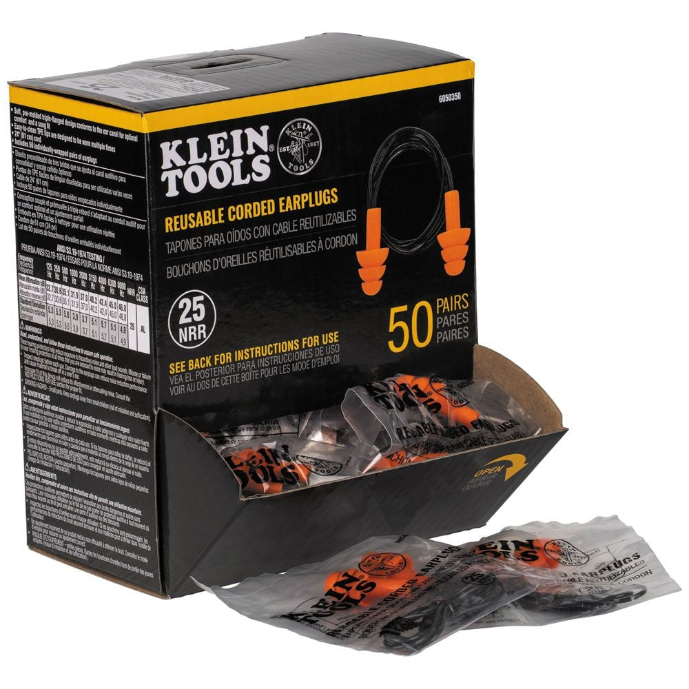 Klein Tools 6050350 Corded Earplugs, 50-Pair Dispenser Pack