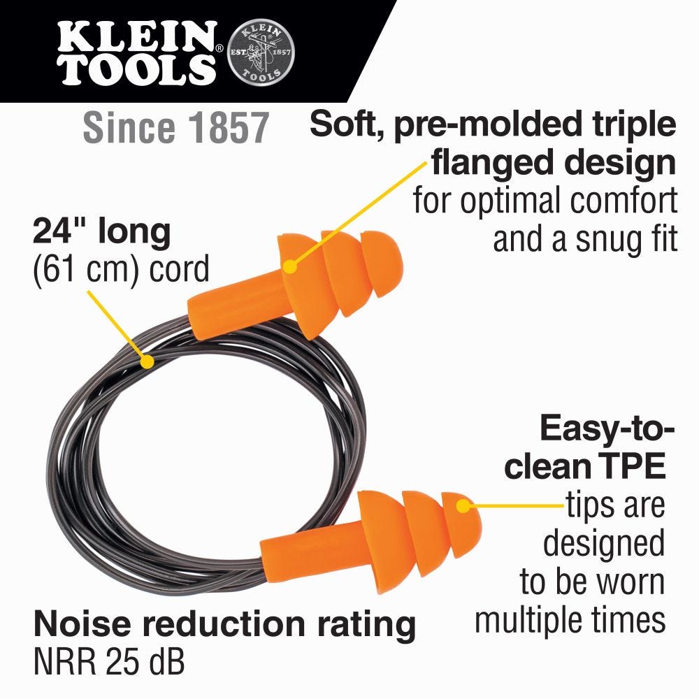 Klein Tools 605036 Corded Earplugs, 6-Pair Pack