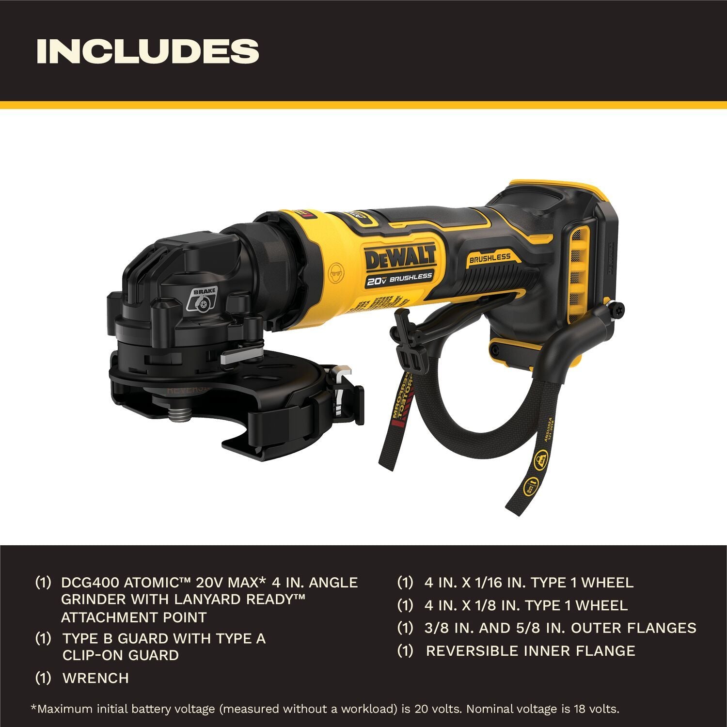 DeWALT DCG400BLR ATOMIC 20V MAX 4-in. Angle Grinder with Lanyard Ready Attachment Point, Tool Only