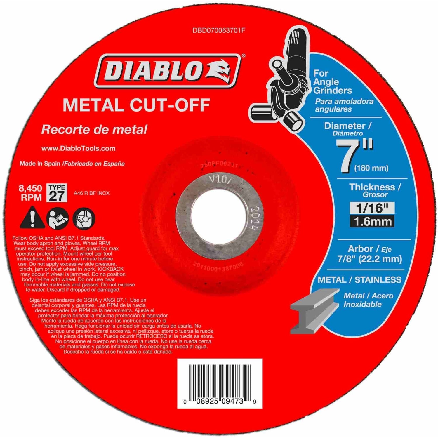 Diablo DBD070063701F 7 in.Metal Cut Off Disc - Type 27 (25-Pack)