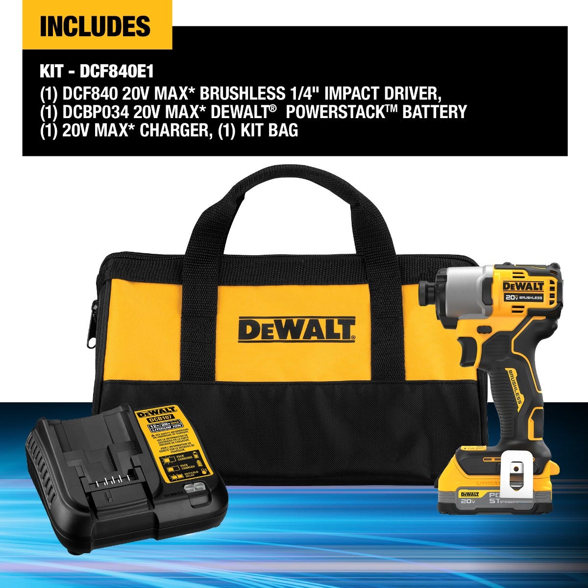 DEWALT DCF840E1 20V MAX* Brushless 1/4 in. Impact Driver PowerStack Kit
