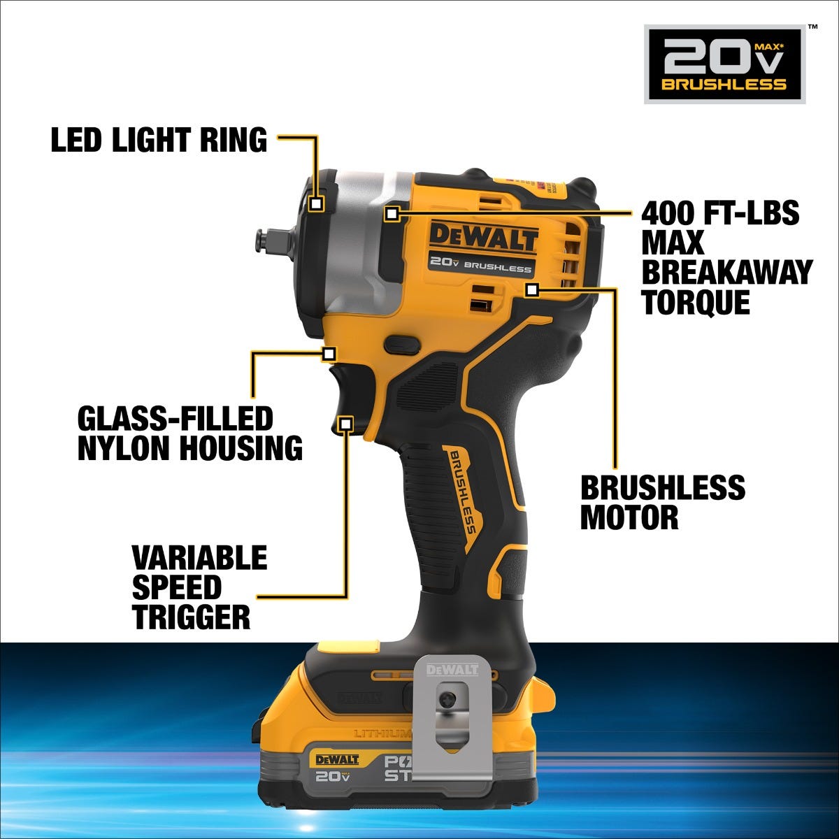 DEWALT DCF913E1 20V MAX* 3/8 in. Cordless Impact Wrench with Hog Ring Anvil Kit