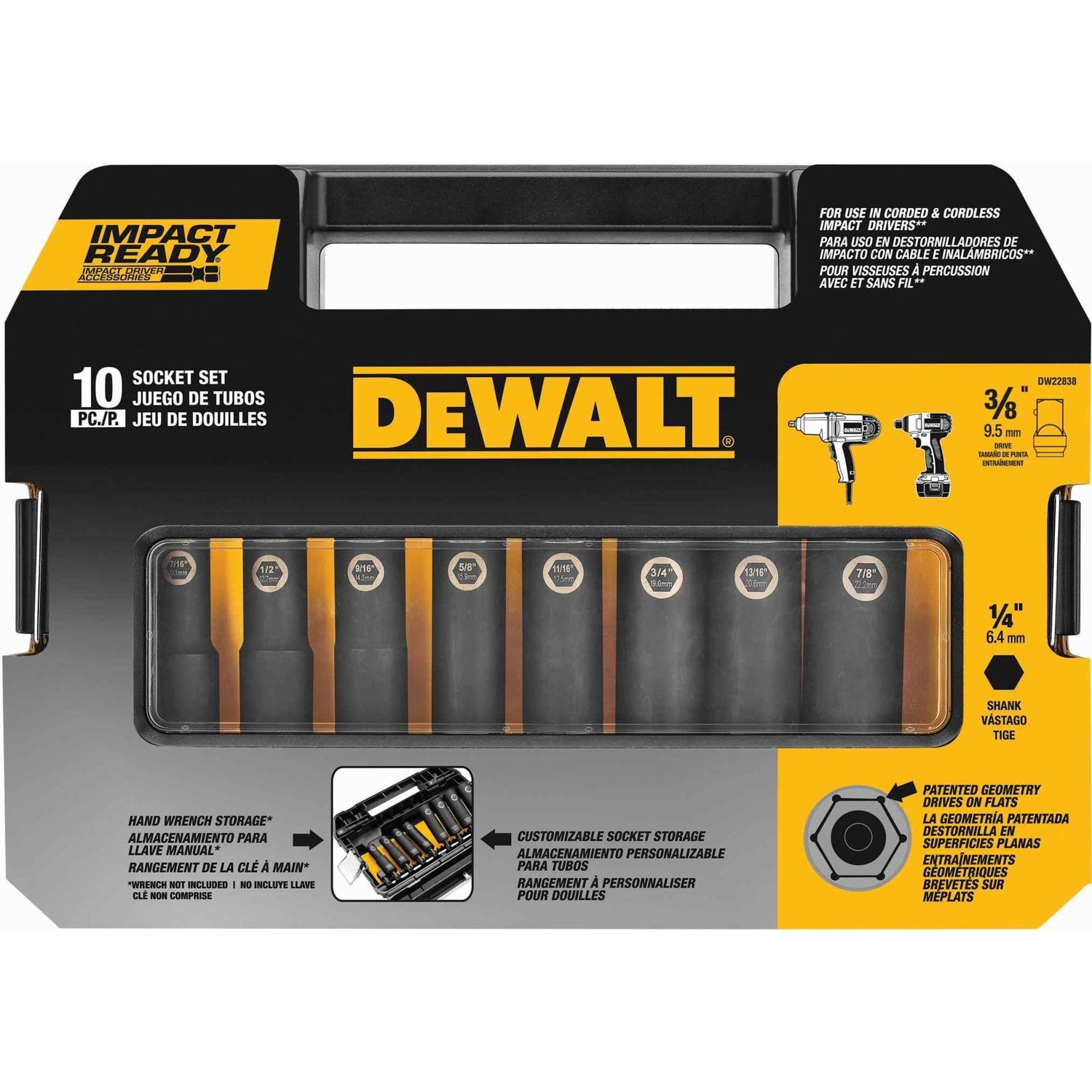 DeWalt DW22838 3/8" 10-Piece Impact Ready Socket Set
