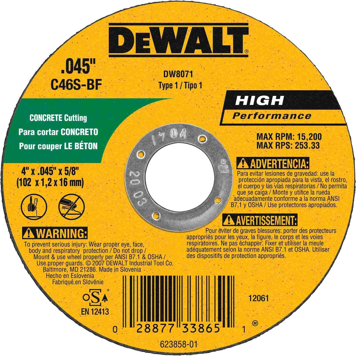 DeWalt DW8071 4" x .045" x 5/8" Metal and Stainless Cutting Wheel