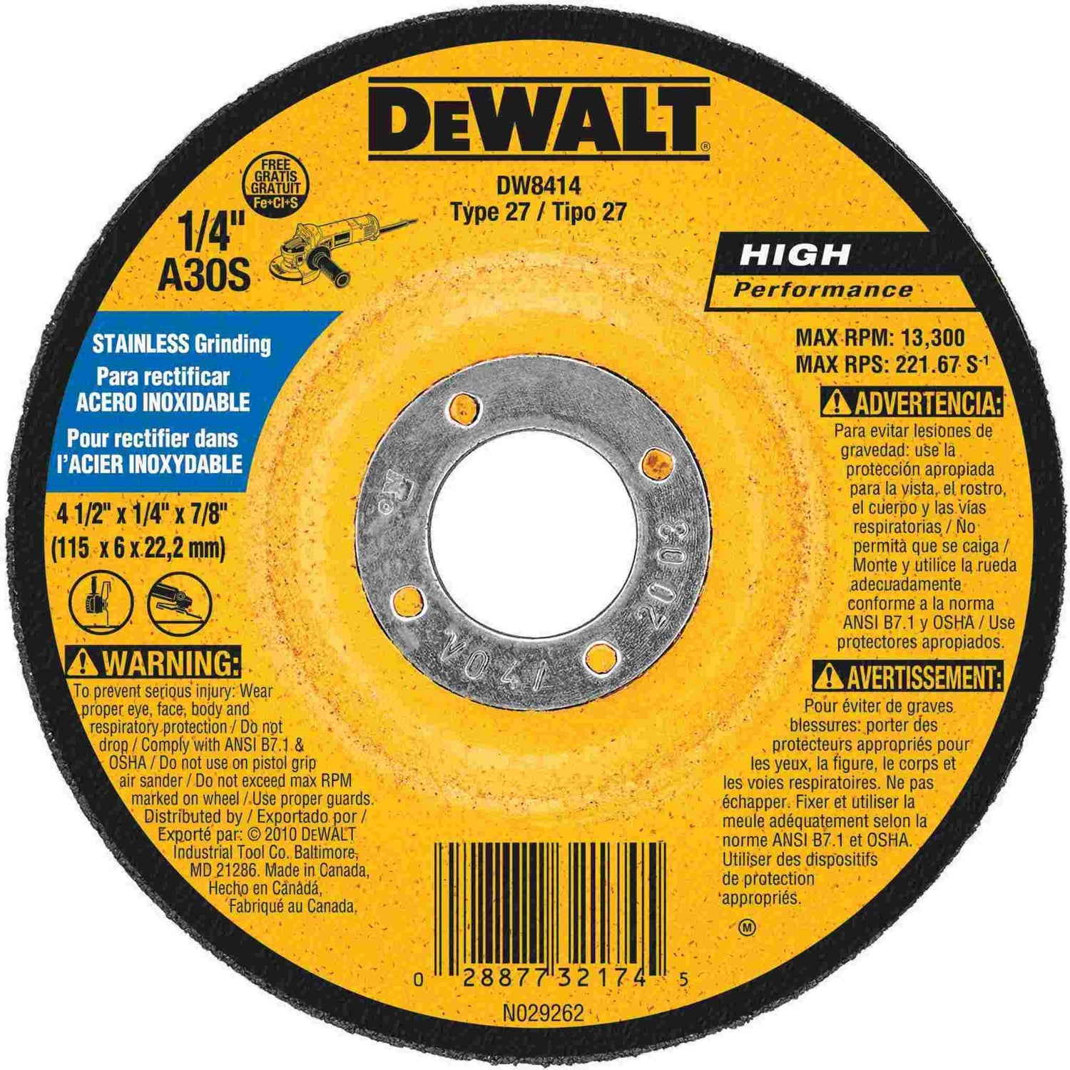 DeWalt DW8414 4-1/2" x 1/4" x 7/8" Stainless Steel Wheel
