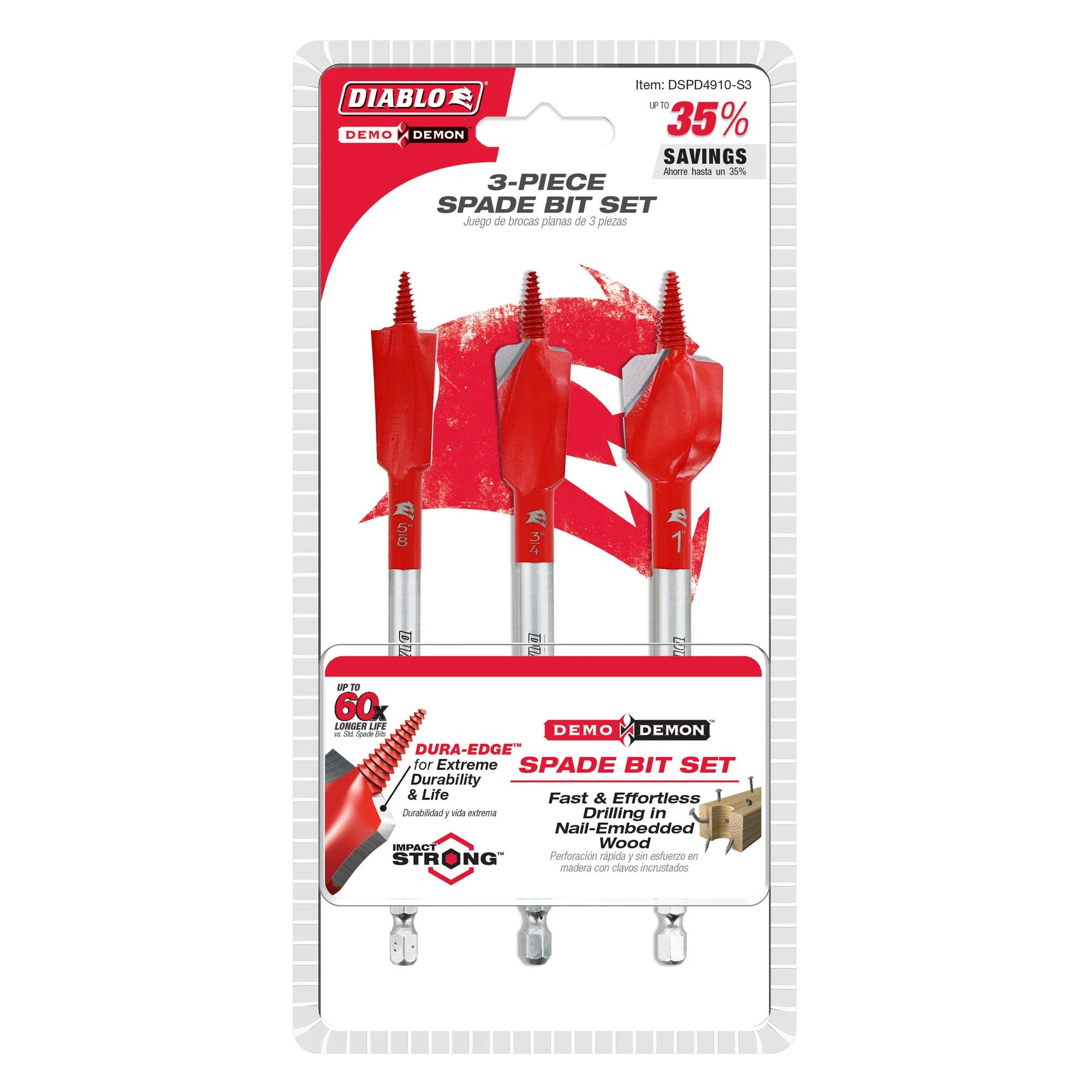 Diablo DSPD4910-S3 Demo Demon 3-Piece Spade Bit Set for Nail-Embedded Wood
