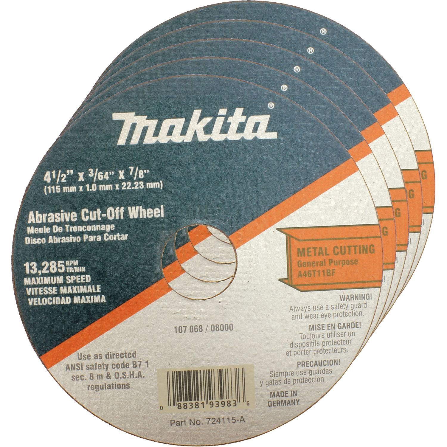 Makita 724115-A-25 4-1/2" x 7/8" x 3/64" Super Thin Cut-off Wheel, Metal, 25/pk