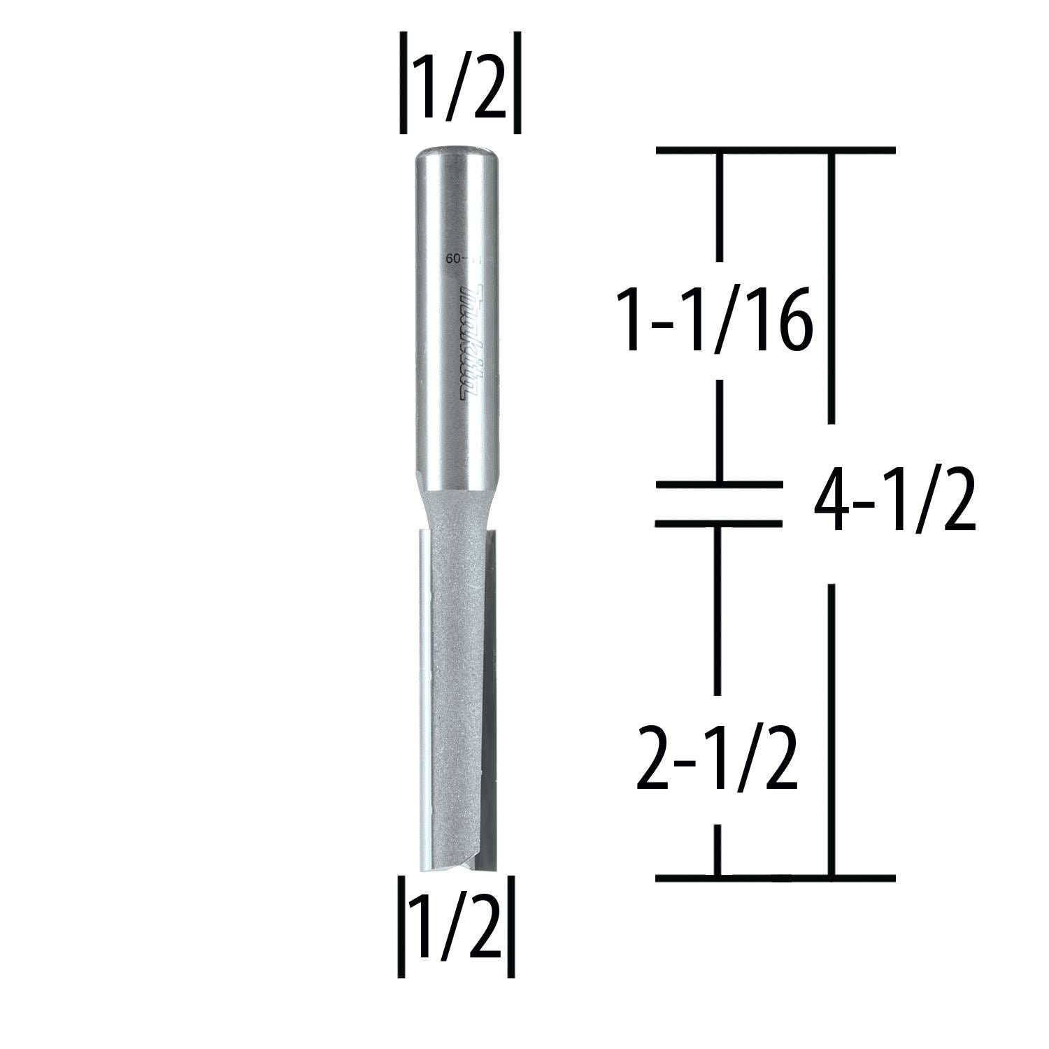 Makita 733254-A 1/2" Straight, 2 Flute, C.T. Router Bit, 1/2" Shank, 2-1/2" Cut