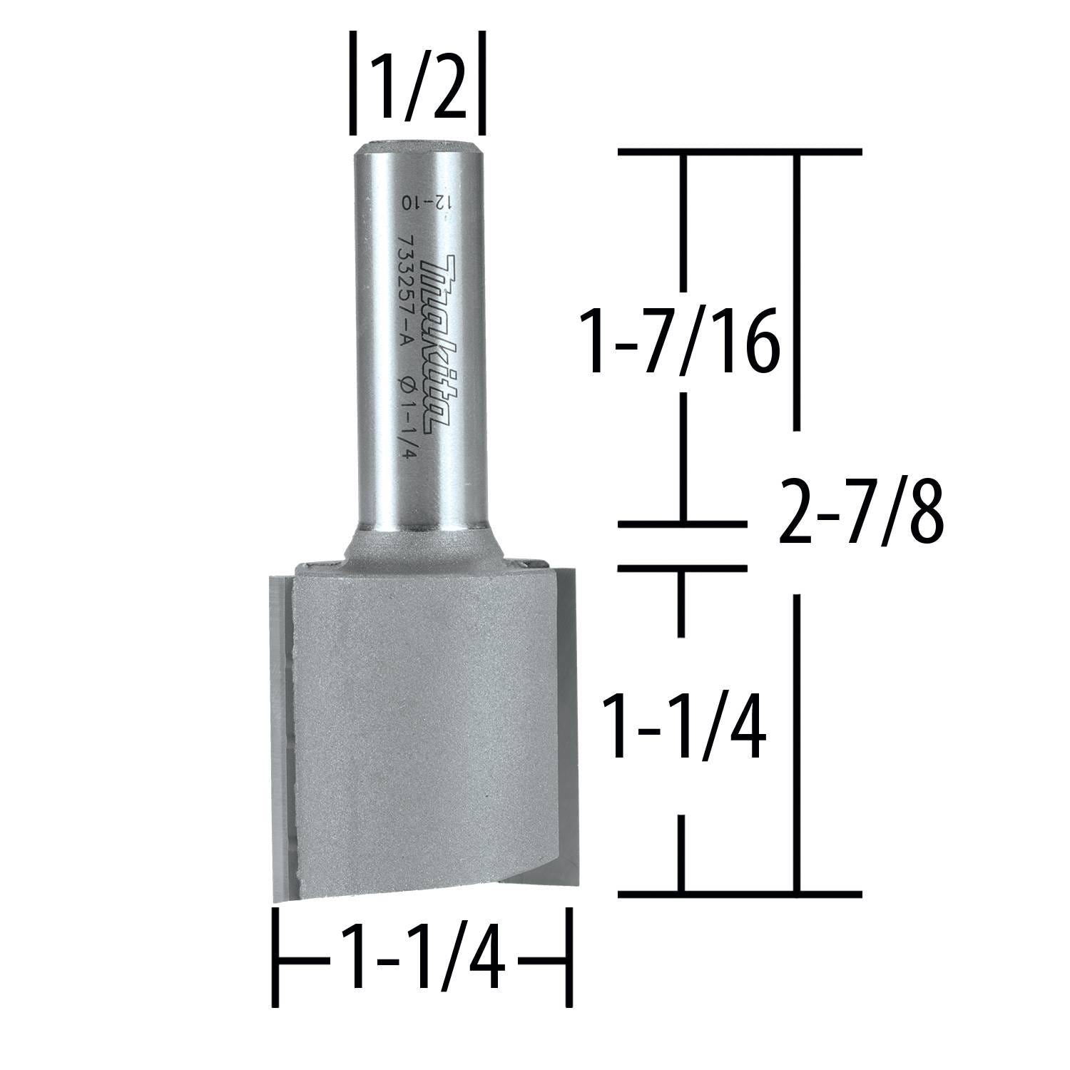 Makita 733257-A Router Bit 1-1/4" Straight 2 Flute, 1-1/4" Cut, 1/2" SH, C.T