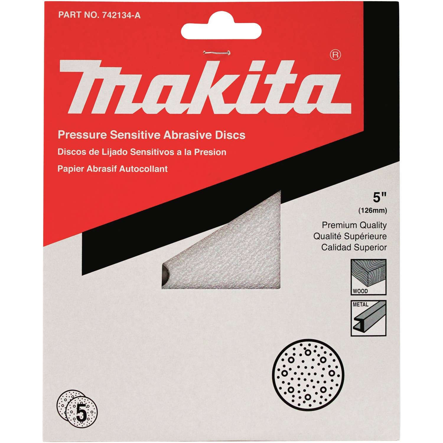 Makita 742134-A 5" Round Abrasive Paper, Pressure Sensitive Adhesive (PSA), 120 Grit, 5/pk
