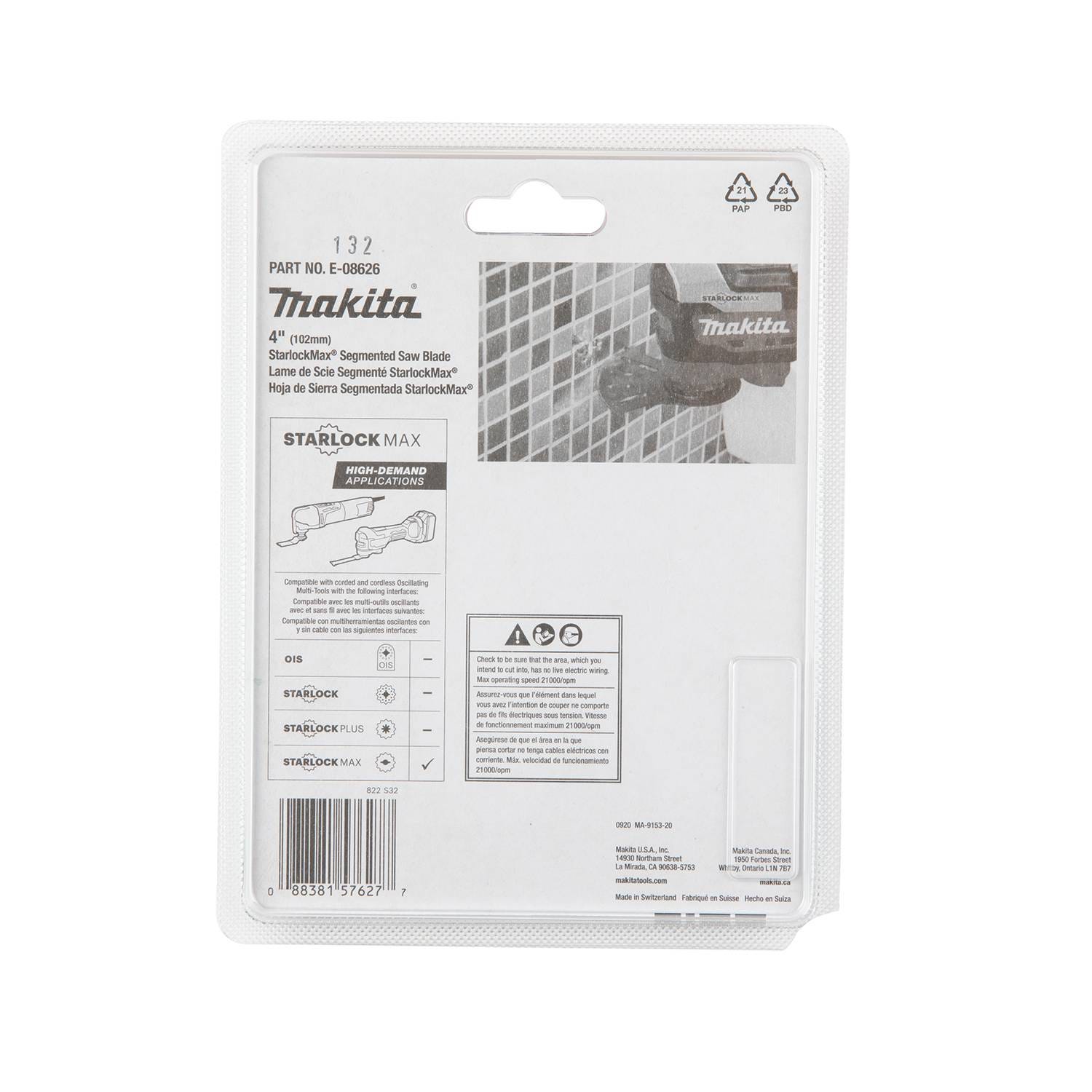 Makita E-08626 StarlockMax Oscillating Multi-Tool 4" Hard Metal with Tungsten Carbide 40 Grit Segmented Saw Blade