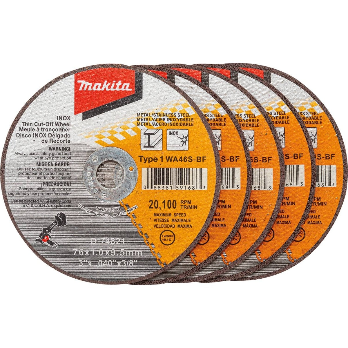 Makita D-74821-5 3" x .040" x 3/8" Type 1 General Purpose 46 Grit Thin Cut"‘Off Wheel for Metal and Stainless Steel Cutting, 5/pk