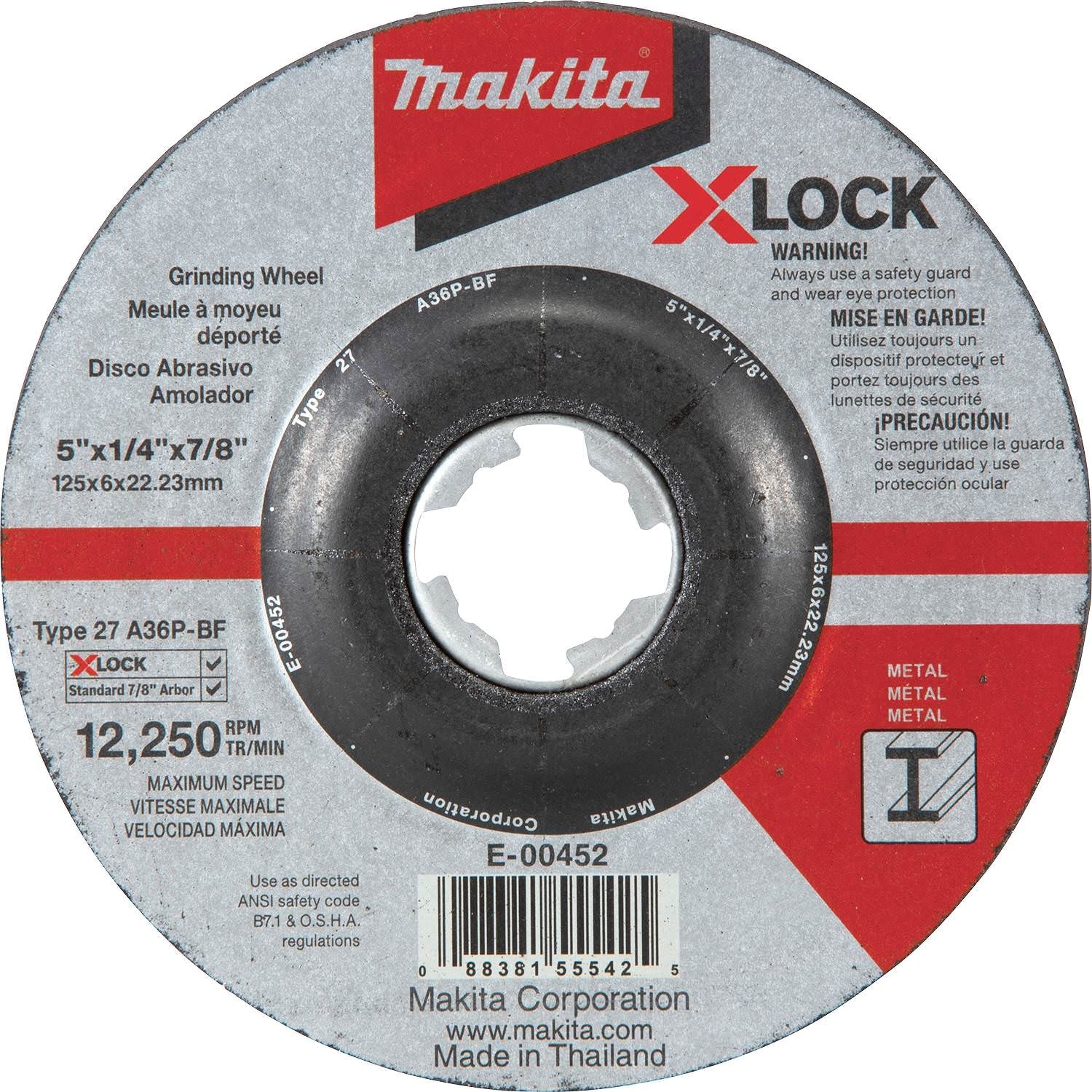 Makita E-00452 X-LOCK 5" x 1/4" x 7/8" Type 27 General Purpose 36 Grit Metal Abrasive Grinding Wheel