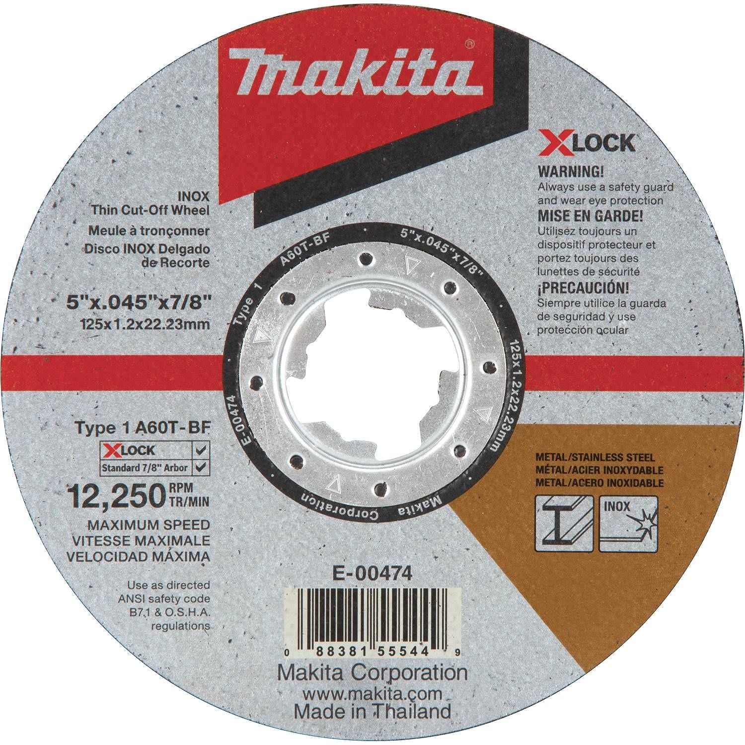 Makita E-00474 X-LOCK 5" x .045" x 7/8" Type 1 General Purpose 60 Grit Thin Cut"‘Off Wheel for Metal and Stainless Steel Cutting