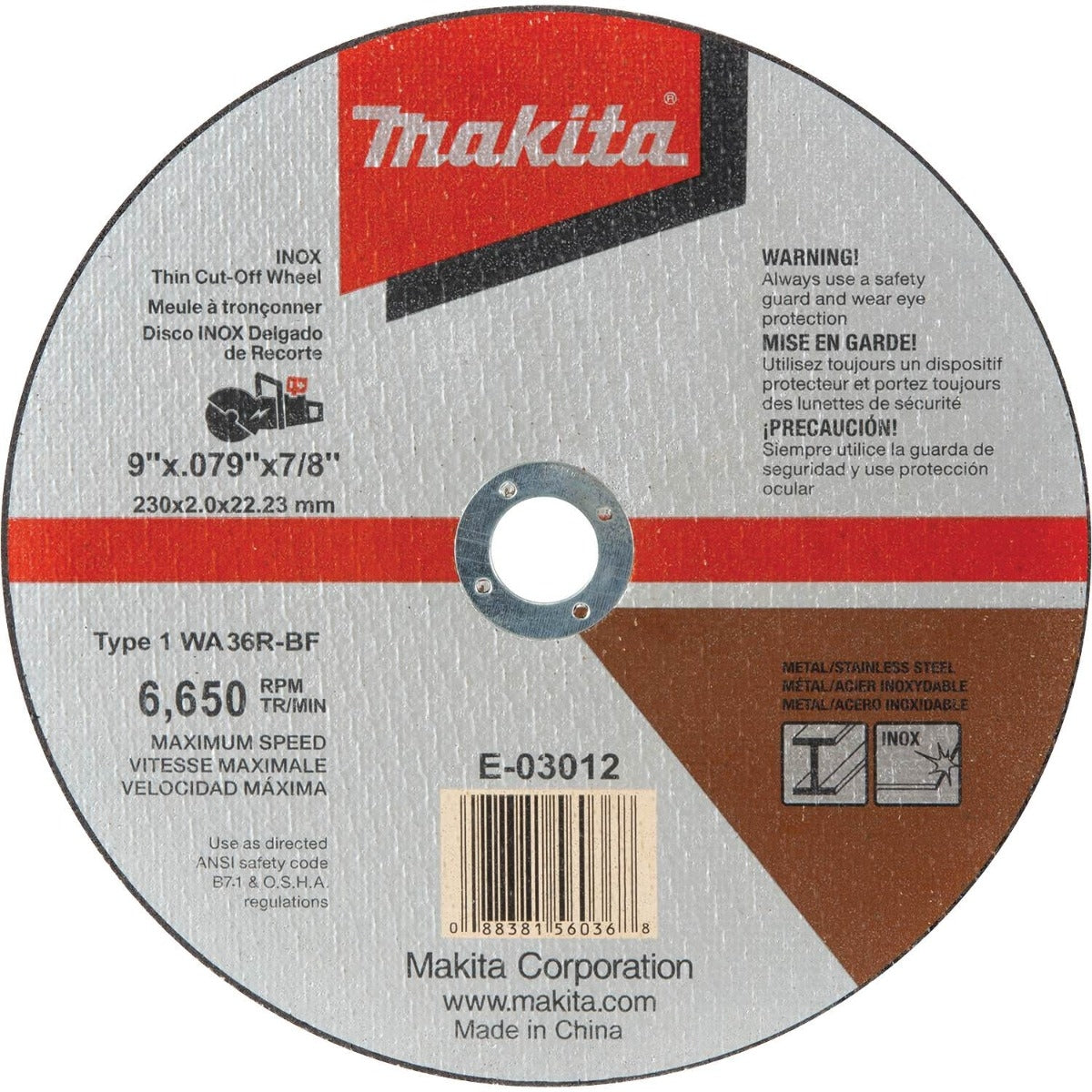 Makita E-03012 9" x .079" x 7/8" INOX Thin Cut-Off Wheel, 36 Grit