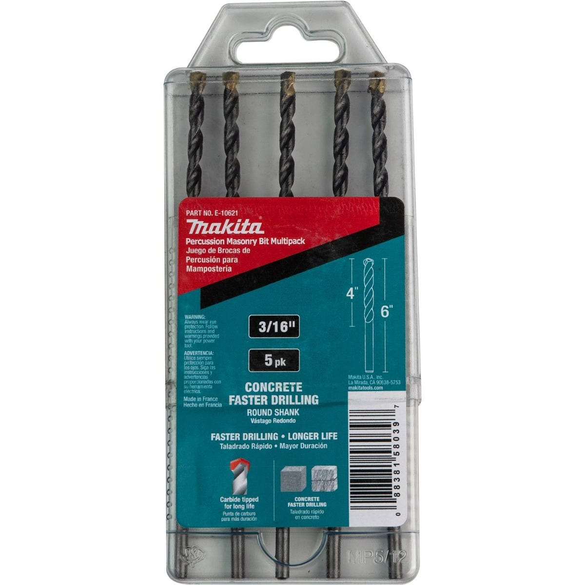 Makita E-10621 3/16" x 6" Carbide Tipped Percussion Masonry Hammer Drill Bits, 5/pk