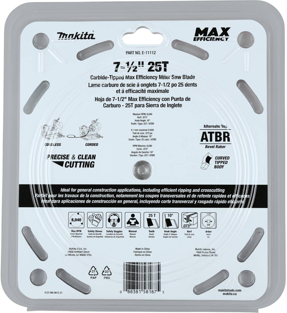 Makita E-11112 7-1/2" 25T Carbide-Tipped Max Efficiency Miter Saw Blade